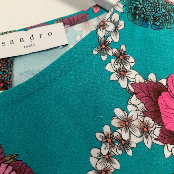 Sandro Teal Cold Shoulder Floral Print Blouse - Picture 10 of 11